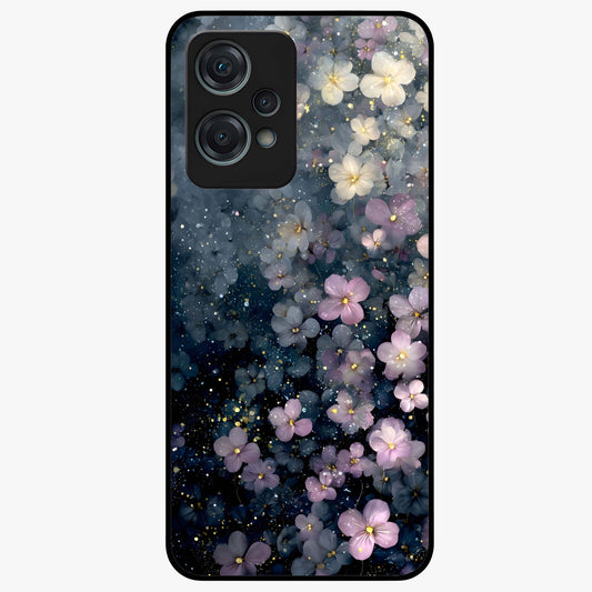 Starlit Blossom Dreams Glass Case for 1+Nord Ce 2 Lite dreamy front view featuring floral artwork under sparkling night sky
