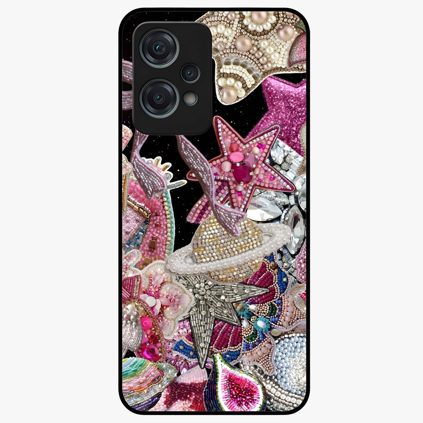Starlit Jewel Dream Glass Case for 1+Nord Ce 2 Lite luxurious front view featuring jewel inspired artwork with star accents