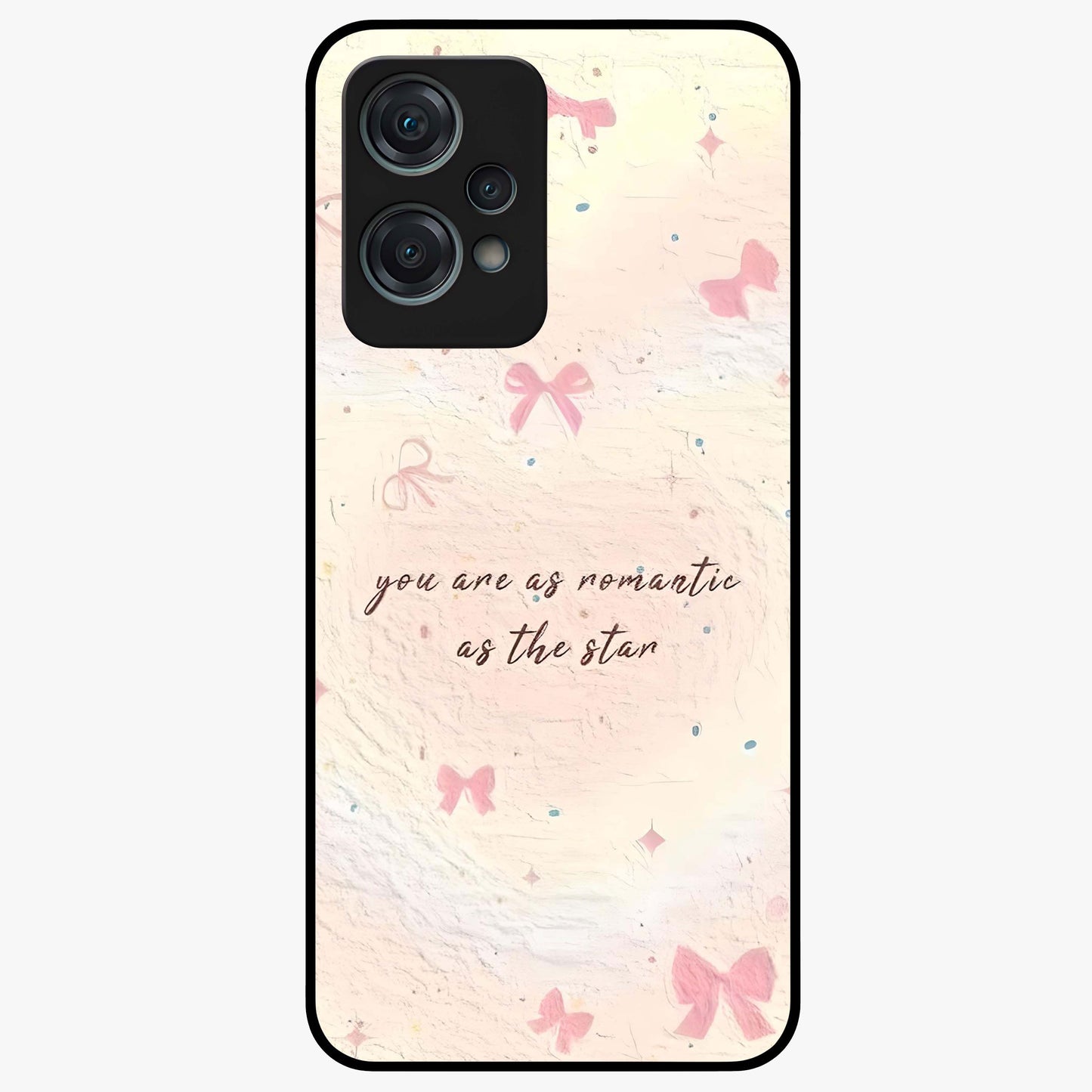 Starry Bow Romance Glass Case for 1+Nord Ce 2 Lite charming front view featuring romantic bow artwork with star accents