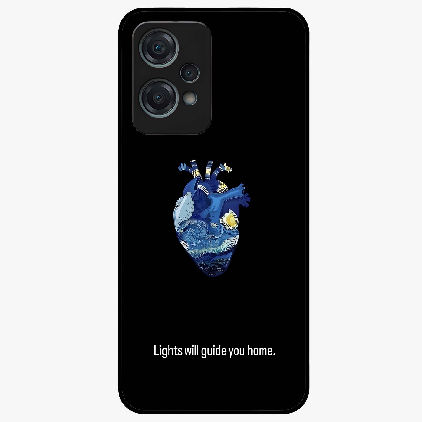 Starry Heart Compass Glass Case for 1+Nord Ce 2 Lite artistic front view featuring heart shaped compass artwork with star details