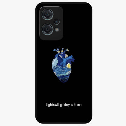 Starry Heart Compass Glass Case for 1+Nord Ce 2 Lite artistic front view featuring heart shaped compass artwork with star details