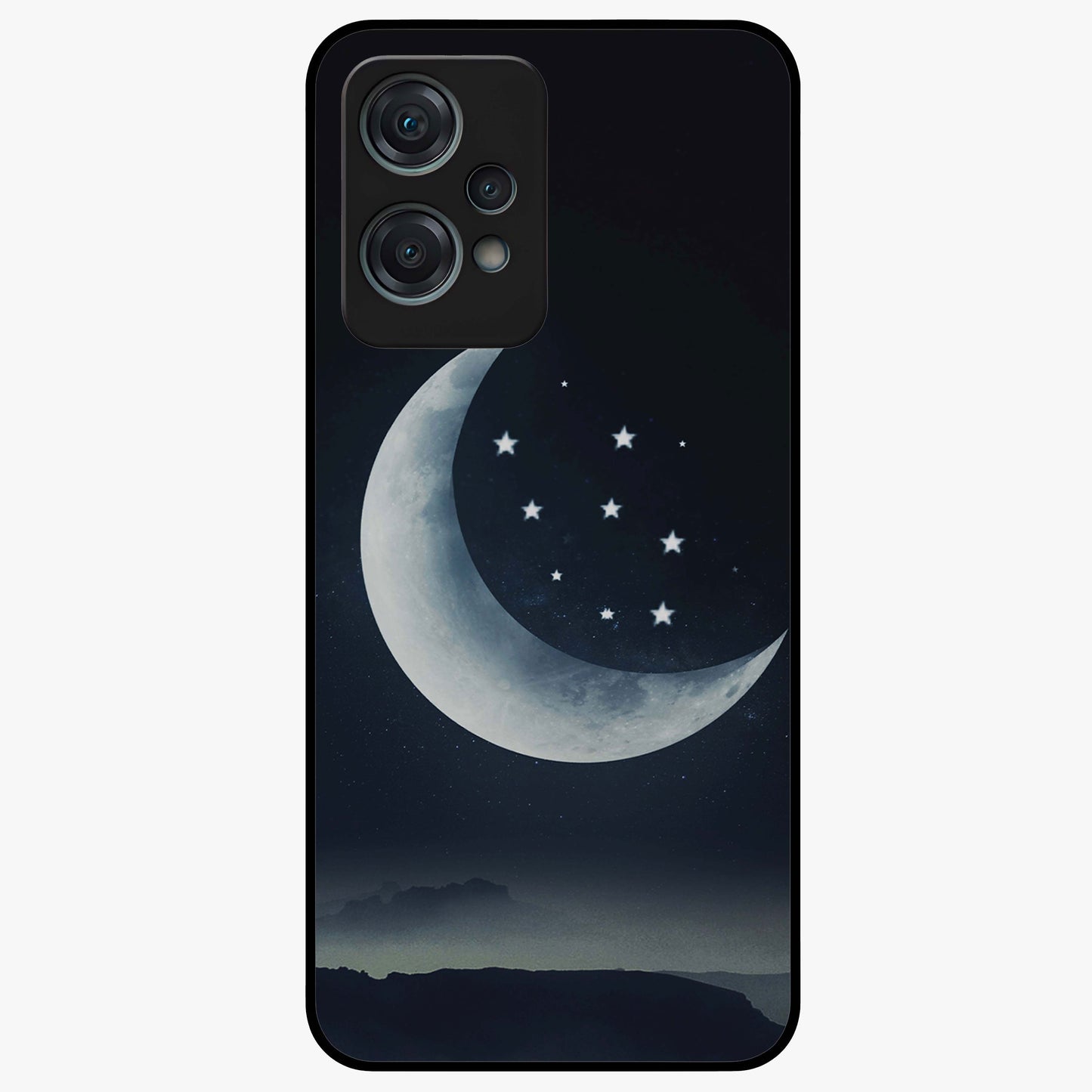 Starry Moon Pattern Glass Case for 1+Nord Ce 2 Lite dreamy front view featuring moon and star patterned artwork