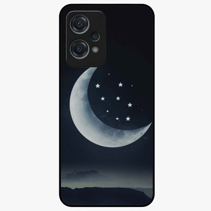Starry Moon Pattern Glass Case for 1+Nord Ce 2 Lite dreamy front view featuring moon and star patterned artwork