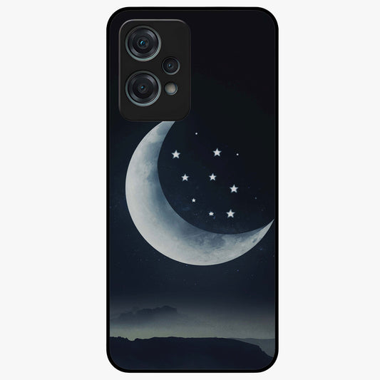 Starry Moon Pattern Glass Case for 1+Nord Ce 2 Lite dreamy front view featuring moon and star patterned artwork