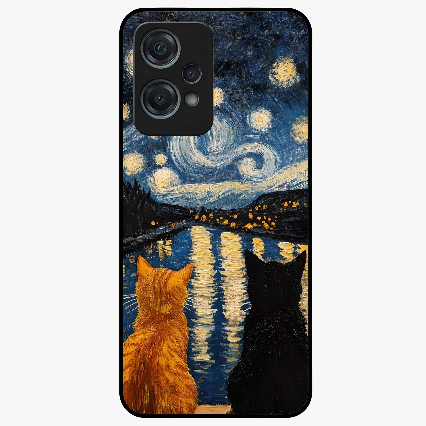Starry River Cats Glass Case for 1+Nord Ce 2 Lite artistic front view featuring cats by a glowing river under starry sky