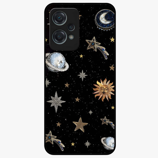 Stars and Planets Brooches Glass Case for 1+Nord Ce 2 Lite elegant front view featuring celestial jewelry inspired artwork