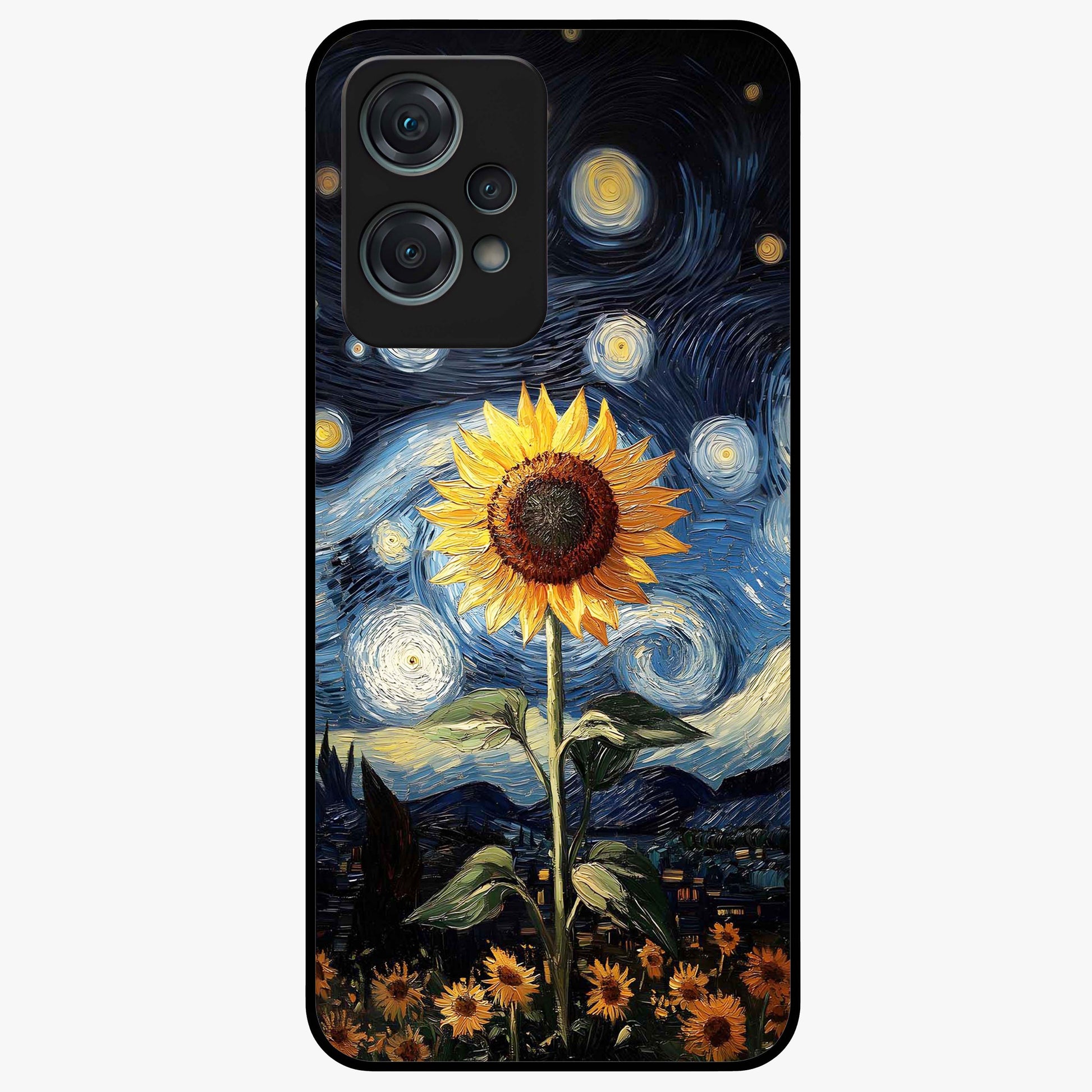 Van Gogh Sunflower Glass Case for 1+Nord Ce 2 Lite vibrant front view featuring sunflower artwork in painterly style