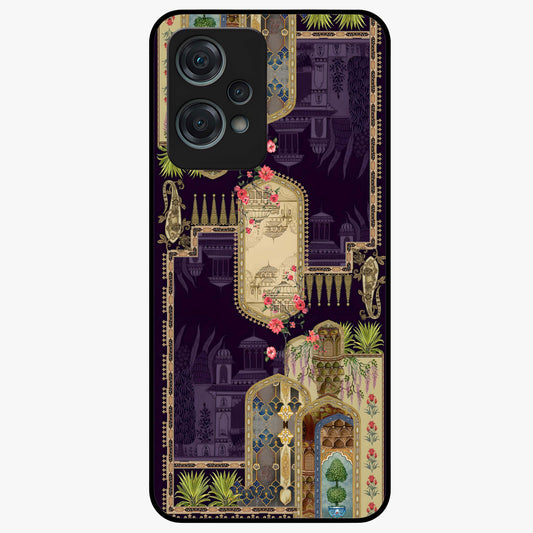 Velvet Mughal Art Glass Case for 1+Nord Ce 2 Lite luxurious front view featuring intricate Mughal inspired artwork