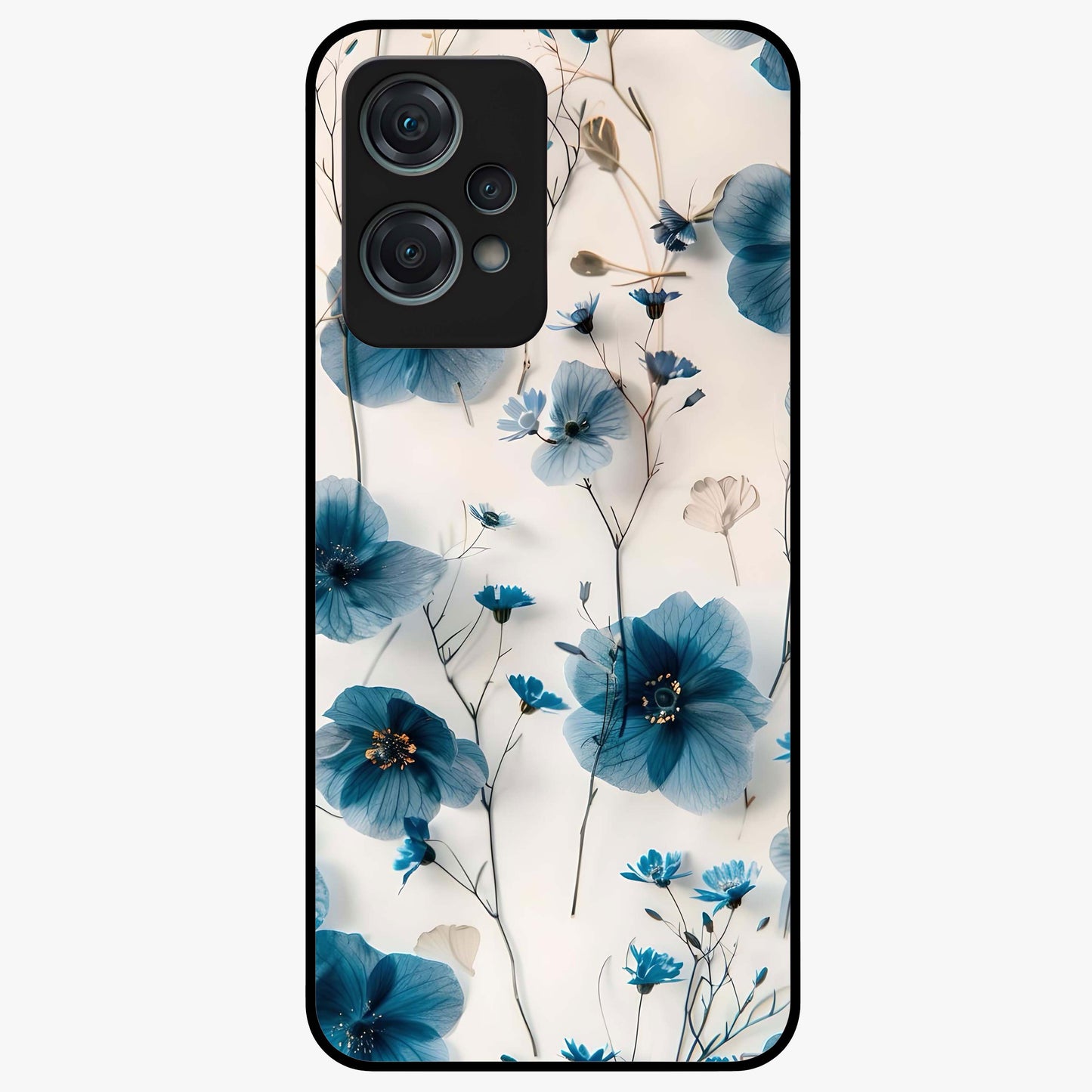 Whispers of Blue Bloom Glass Case for 1+Nord Ce 2 Lite vibrant front view featuring blue floral artwork with soft glow