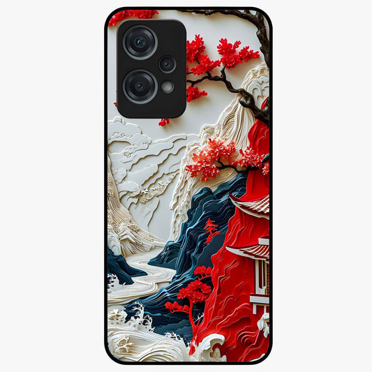 Whispers of Sakura Waves Glass Case for 1+Nord Ce 2 Lite artistic front view featuring cherry blossom artwork blended with flowing waves