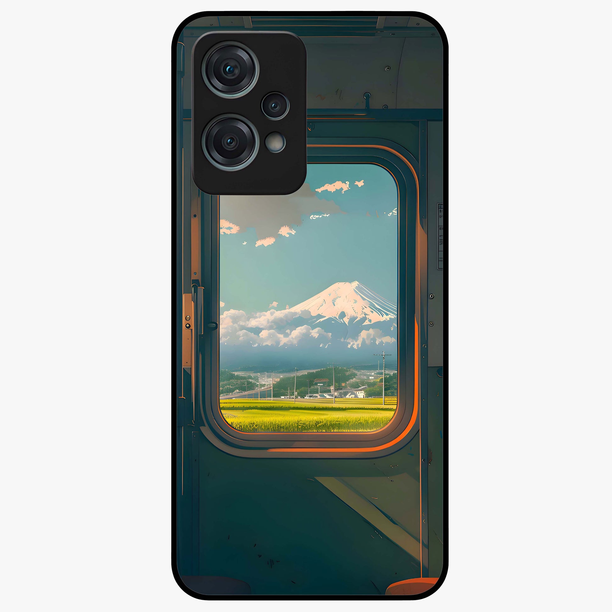 Window to Fuji Glass Case for 1+Nord Ce 2 Lite scenic front view featuring Mount Fuji artwork framed through a window design