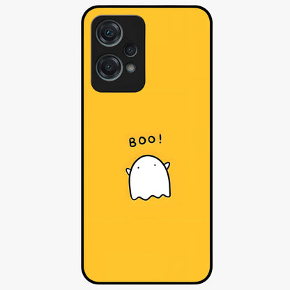 Yellow Boo Ghost Glass Case for 1+Nord Ce 2 Lite playful front view featuring cute ghost artwork in vibrant yellow tones