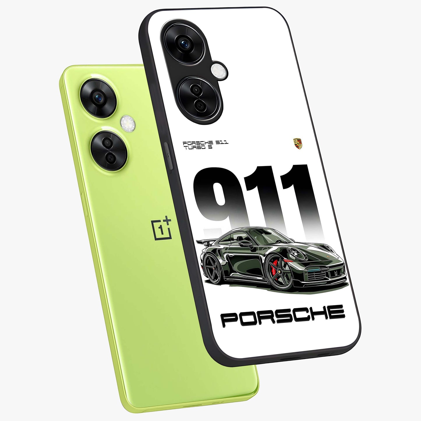 911 Turbo Dominance Glass Case for 1+Nord CE 3 Lite premium angled mockup showcasing glossy glass finish and racing inspired design