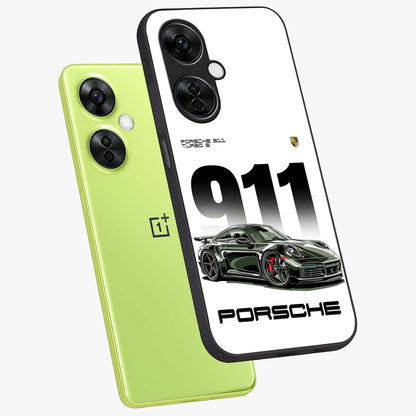 911 Turbo Dominance Glass Case for 1+Nord CE 3 Lite premium angled mockup showcasing glossy glass finish and racing inspired design