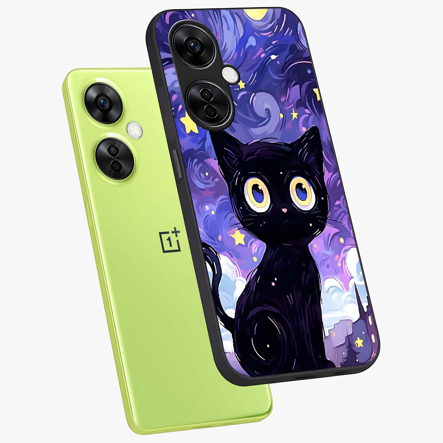 Abstract Cat Art Glass Case for 1+Nord CE 3 Lite premium angled mockup showcasing glossy glass finish and creative feline design
