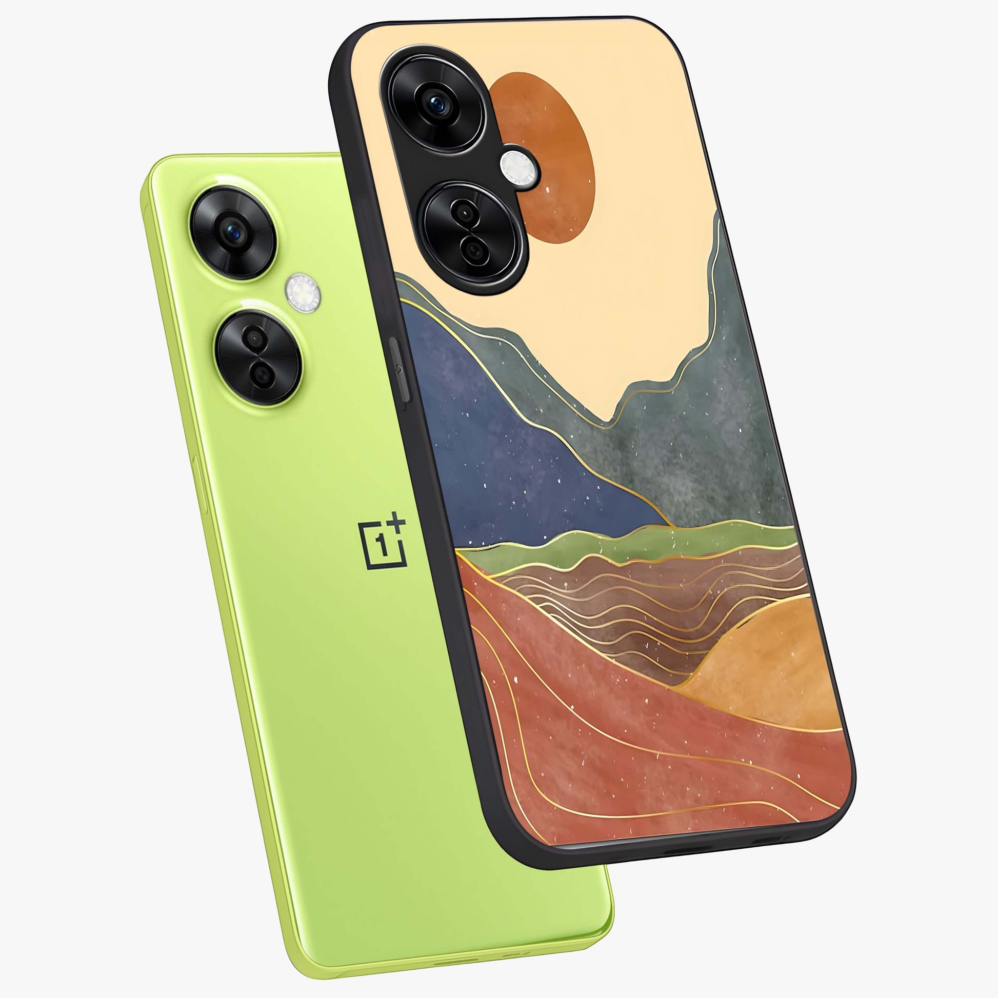 Abstract Mountain Glow Glass Case for 1+Nord CE 3 Lite angled mockup showcasing glossy glass finish and scenic gradient tones