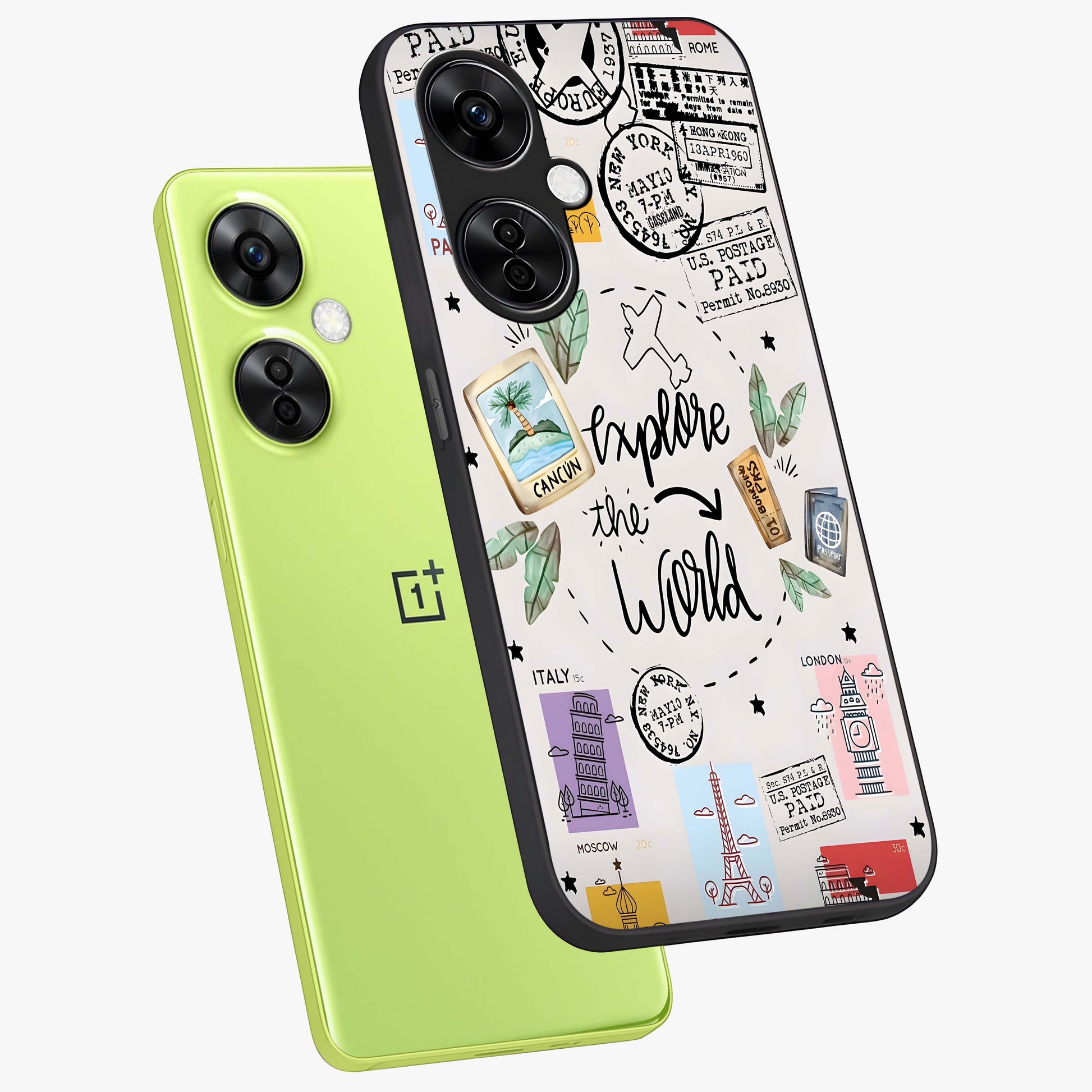 Adventure Awaits Art Glass Case for 1+Nord CE 3 Lite angled display showcasing glossy finish and adventure themed design