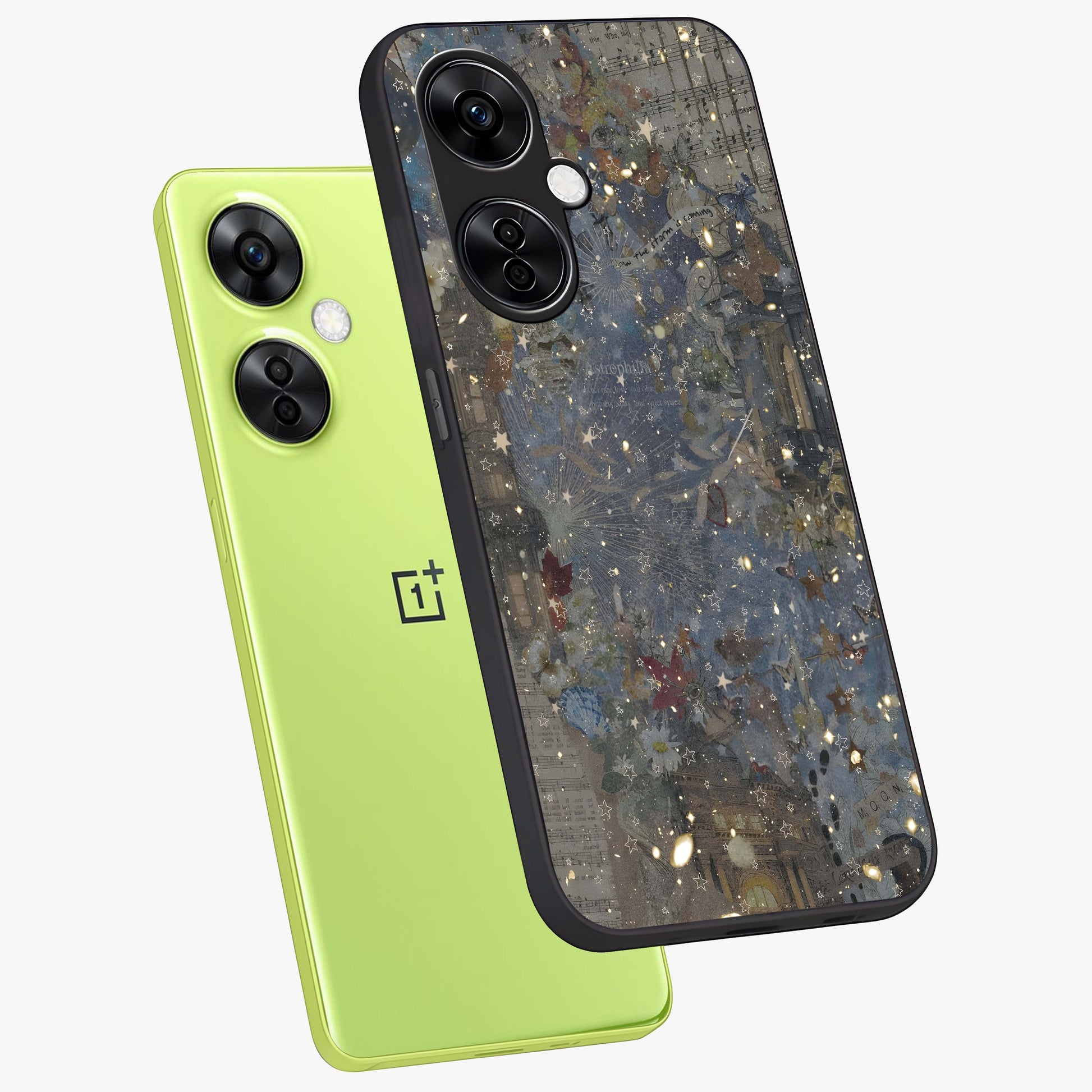 Aesthetic Astrolophia Glass Case for 1+Nord CE 3 Lite angled mockup showcasing glossy cosmic design and premium glass finish
