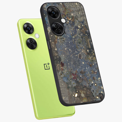 Aesthetic Astrolophia Glass Case for 1+Nord CE 3 Lite angled mockup showcasing glossy cosmic design and premium glass finish
