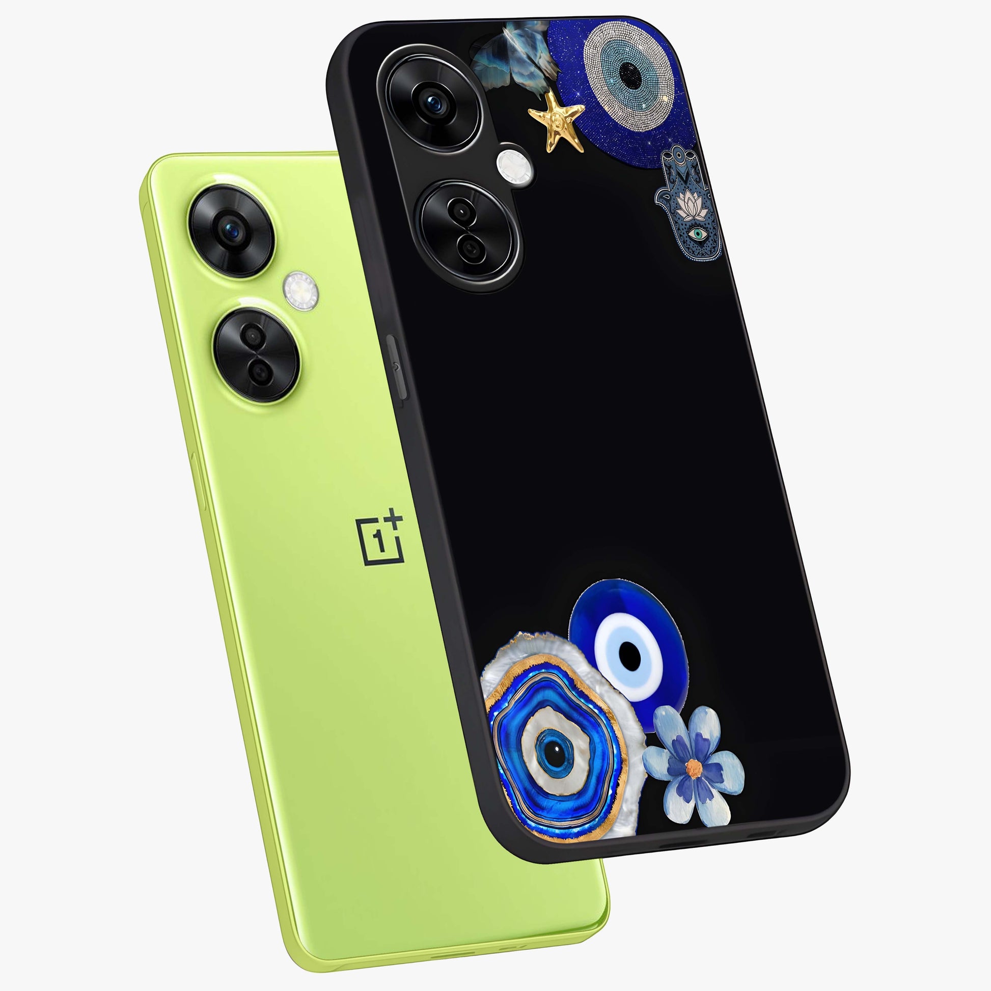 Aesthetic Blue Evil Eye Glass Case for 1+Nord Ce 3 Lite angled mockup showcasing glossy finish and protective symbol design