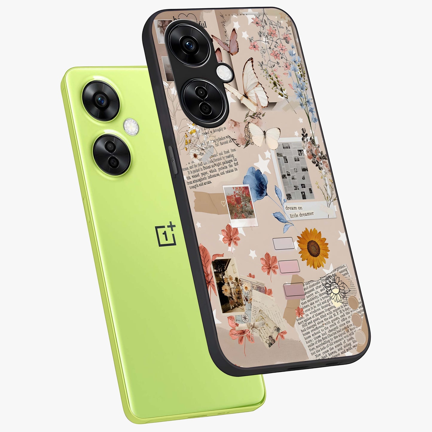 Aesthetic Butterfly Glass Case for 1+Nord CE 3 Lite angled mockup showcasing glossy glass finish and delicate wing details