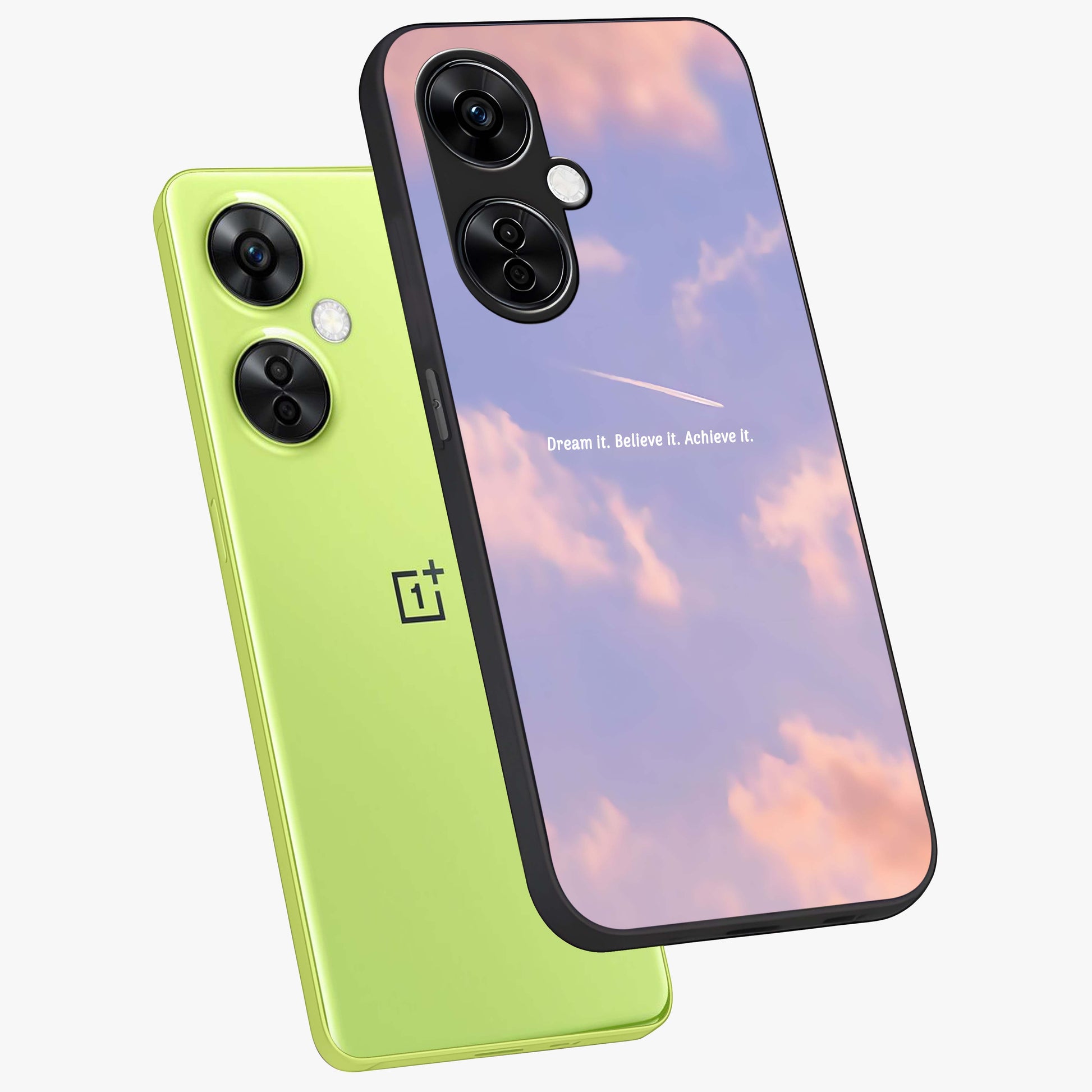 Aesthetic Clouds Dream Glass Case for 1+Nord CE 3 Lite angled mockup showcasing glossy glass finish and sky inspired design