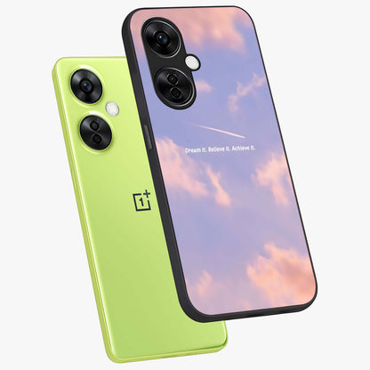 Aesthetic Clouds Dream Glass Case for 1+Nord CE 3 Lite angled mockup showcasing glossy glass finish and sky inspired design
