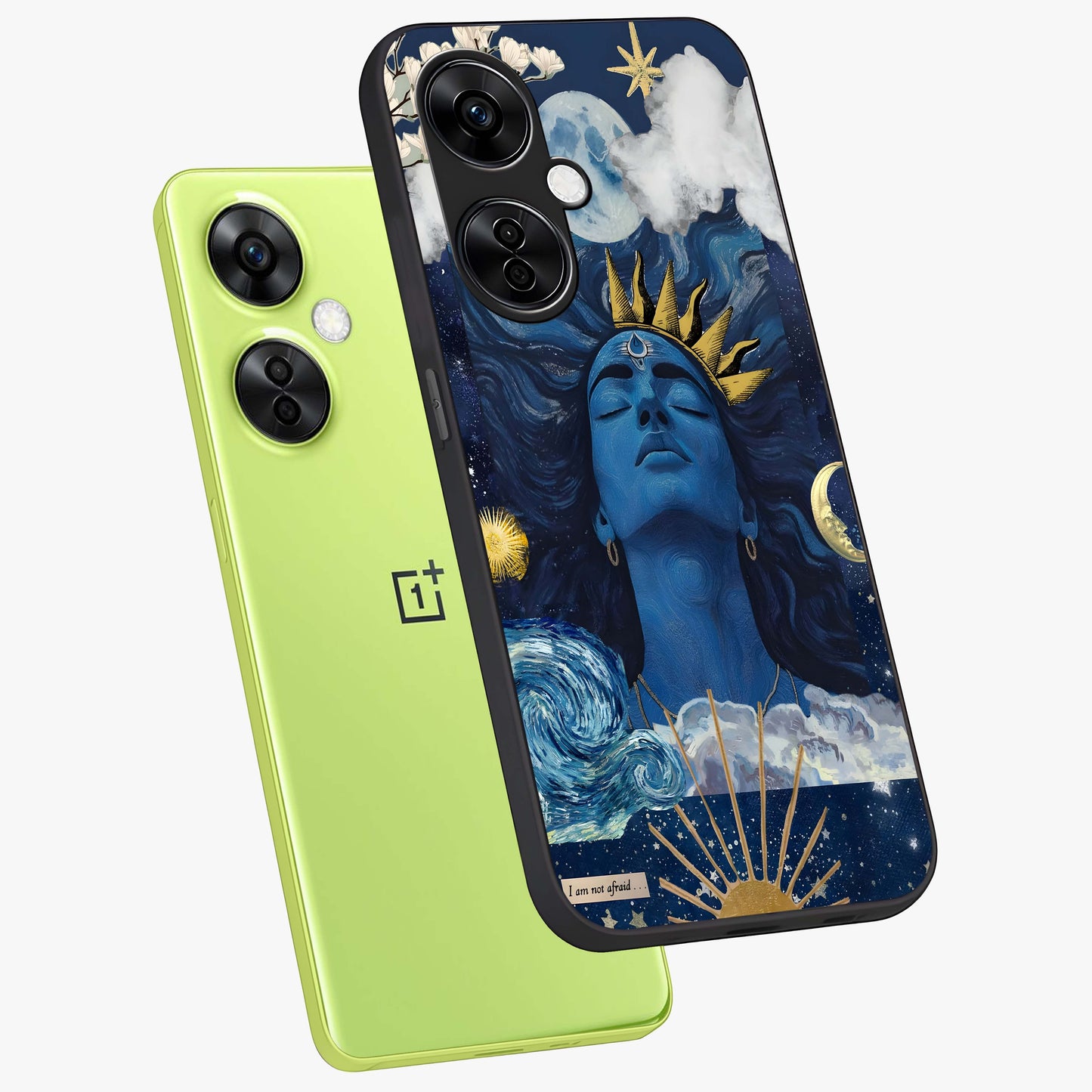 Aesthetic Lord Shiva Glass Case for 1+Nord CE 3 Lite angled mockup showcasing glossy finish and divine aesthetic design