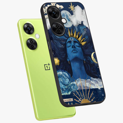 Aesthetic Lord Shiva Glass Case for 1+Nord CE 3 Lite angled mockup showcasing glossy finish and divine aesthetic design