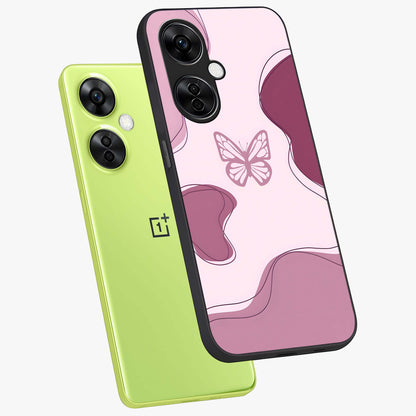 Aesthetic Pinkish Custom Name Butterfly Glass Case for 1+Nord CE 3 Lite angled mockup showcasing glossy finish and soft pastel tones