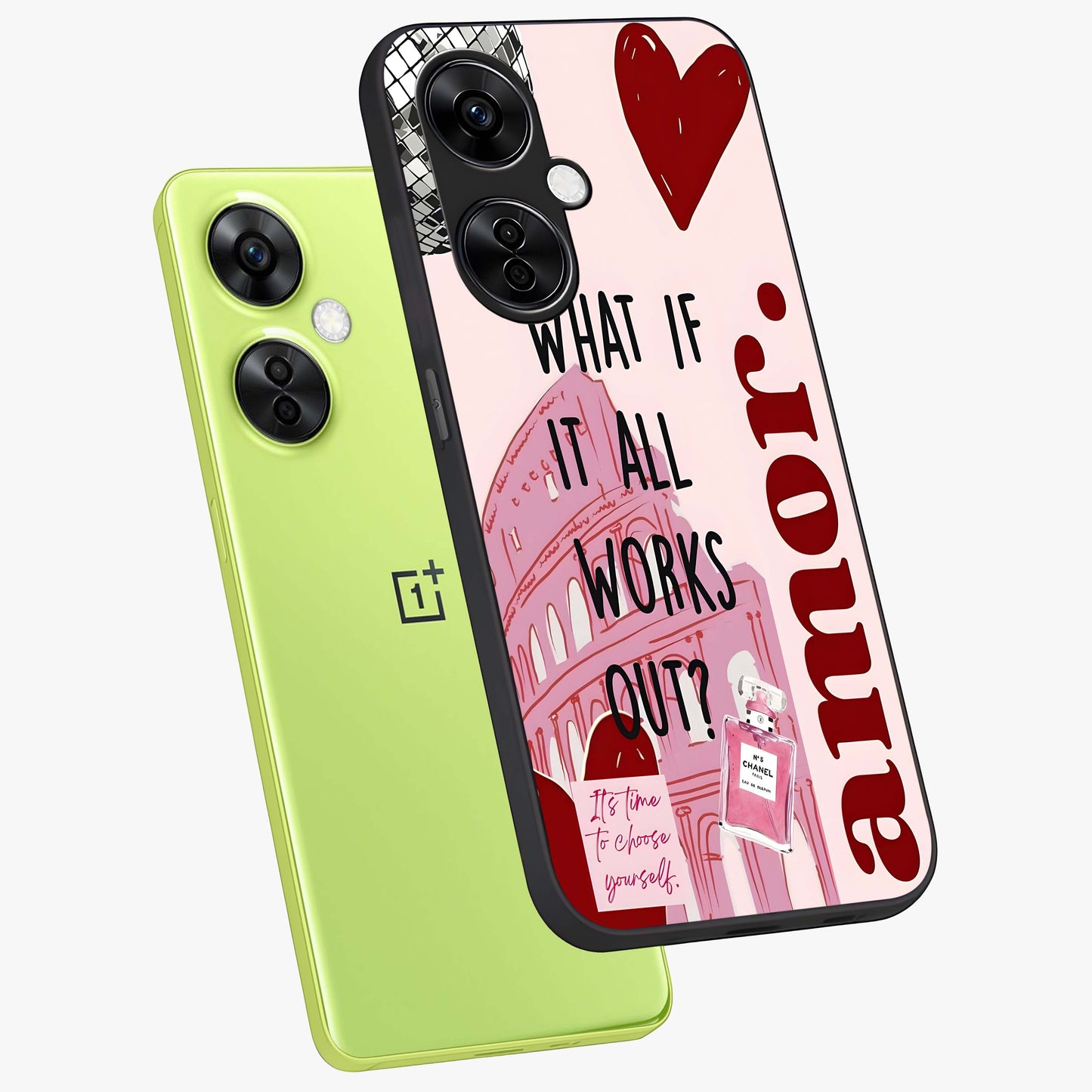 Amor Memory Scrapbook Glass Case for 1+Nord CE 3 Lite angled mockup showcasing glossy finish and layered memory collage design