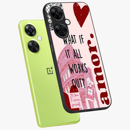 Amor Memory Scrapbook Glass Case for 1+Nord CE 3 Lite angled mockup showcasing glossy finish and layered memory collage design
