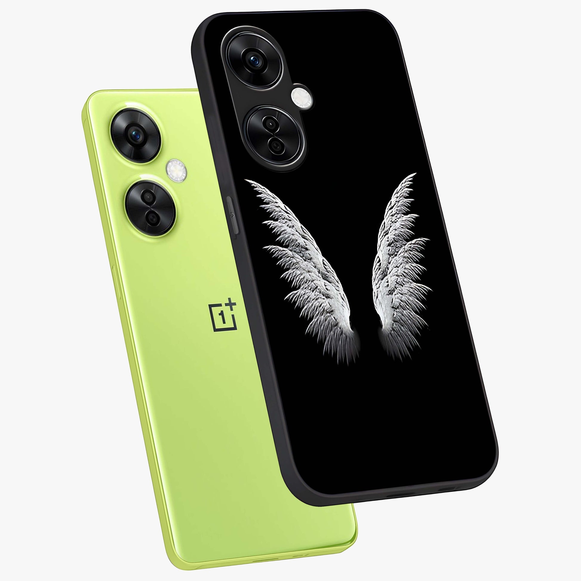 Angel Wing Grace Glass Case for 1+Nord CE 3 Lite angled mockup showcasing glossy finish and graceful feather design
