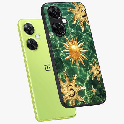 Aqua Sun Mirage Glass Case for 1+Nord CE 3 Lite angled mockup showcasing glossy glass finish and radiant gradient tones
