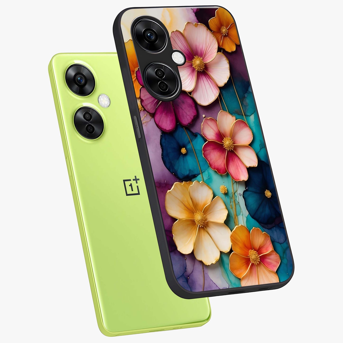 Artlyn Grace Flower Pattern Glass Case for 1+Nord CE 3 Lite angled mockup showcasing glossy finish and graceful flower detailing