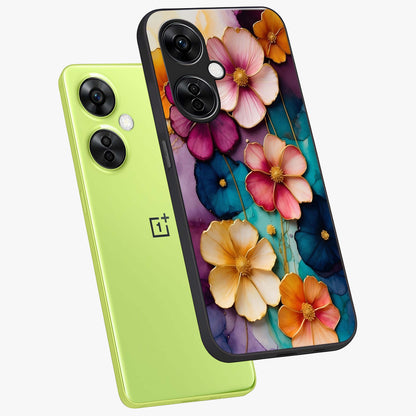 Artlyn Grace Flower Pattern Glass Case for 1+Nord CE 3 Lite angled mockup showcasing glossy finish and graceful flower detailing