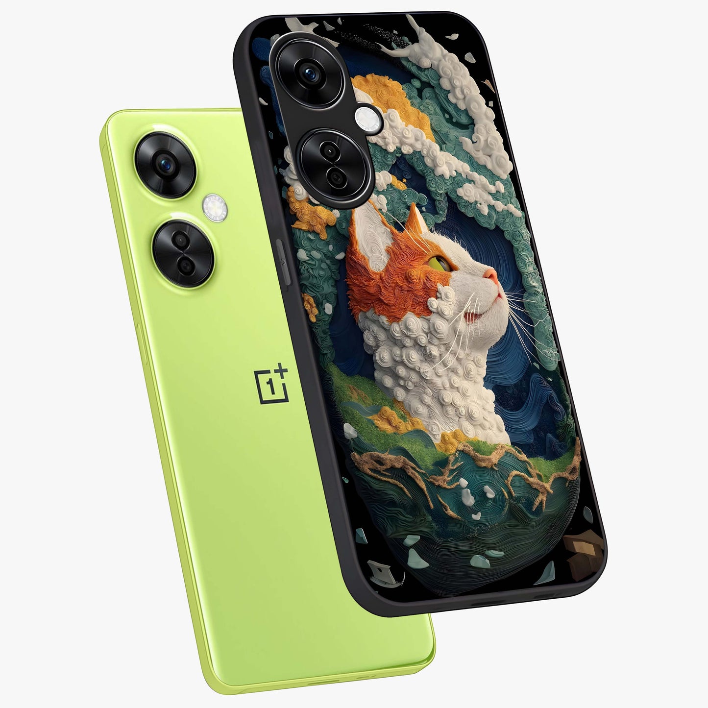 Aurora Cat Dreams Glass Case for 1+Nord CE 3 Lite angled mockup showcasing glossy finish and vibrant cosmic colors