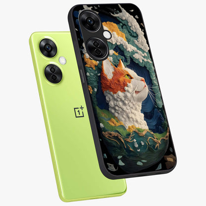 Aurora Cat Dreams Glass Case for 1+Nord CE 3 Lite angled mockup showcasing glossy finish and vibrant cosmic colors