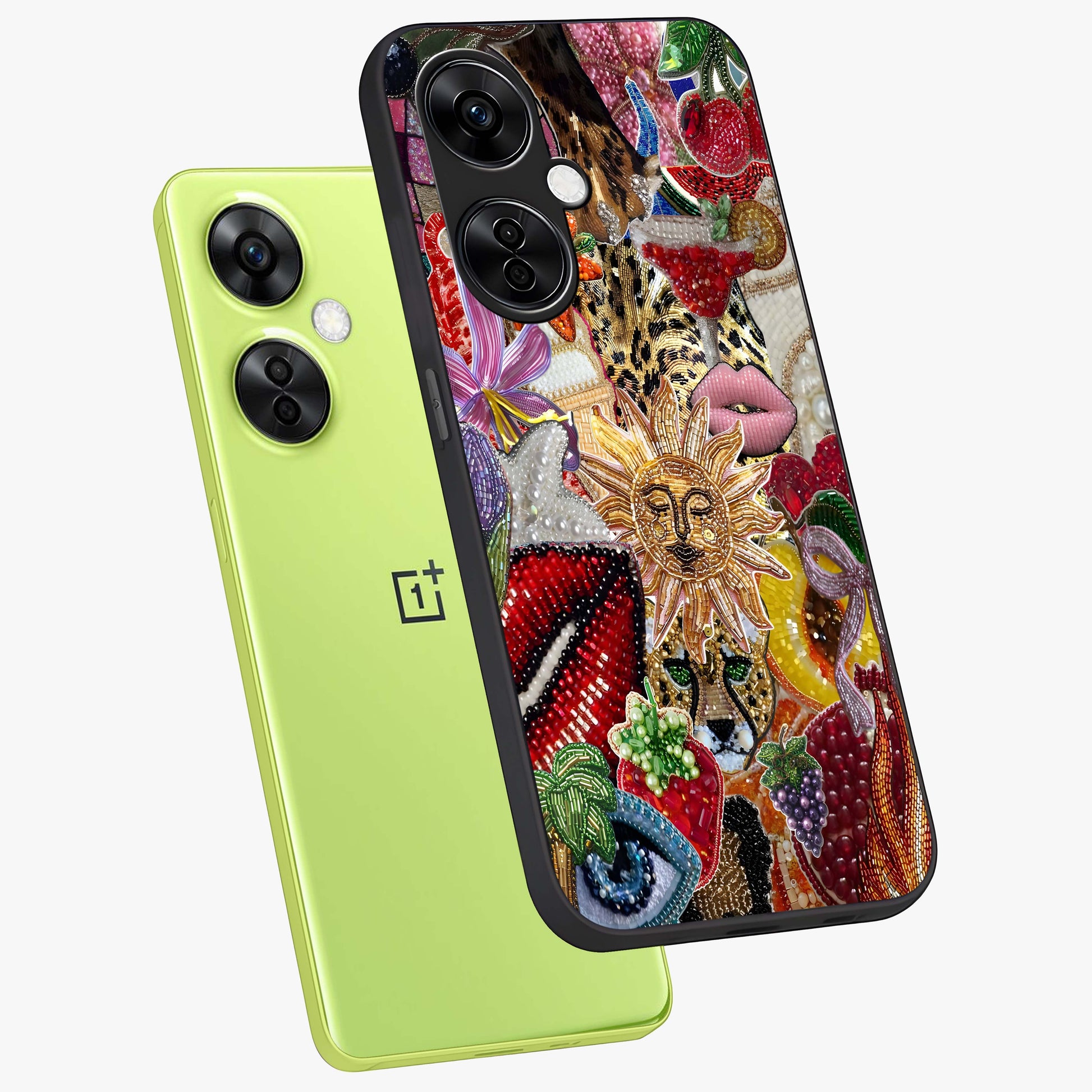 Beaded Fashion Jungle Glass Case for 1+Nord CE 3 Lite angled mockup showcasing glossy finish and vibrant tropical design