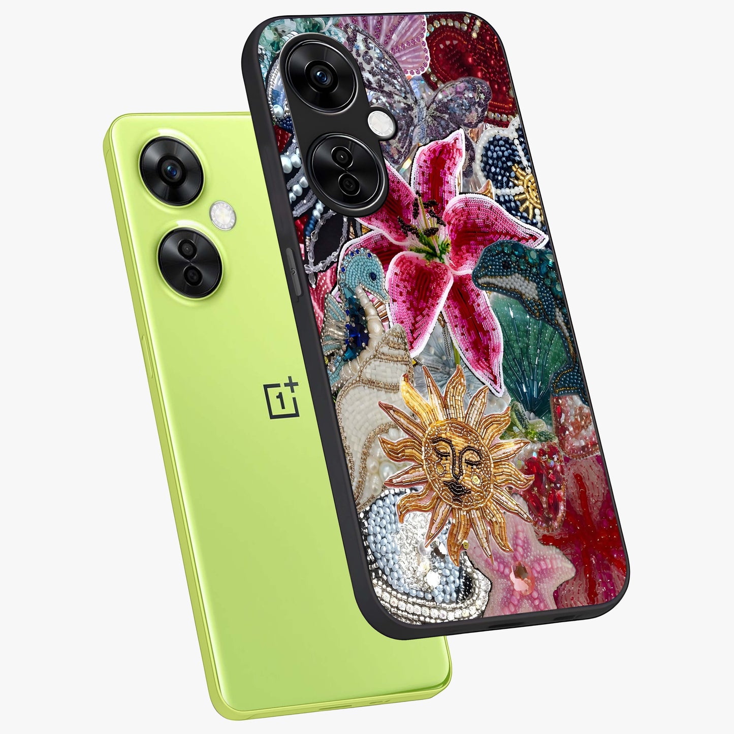Beaded Garden Fantasy Glass Case for 1+Nord CE 3 Lite angled mockup showcasing glossy finish and detailed fantasy design