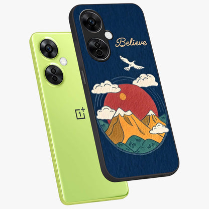 Believe Sky Escape Glass Case for 1+Nord CE 3 Lite angled mockup showcasing glossy finish and serene cloud design