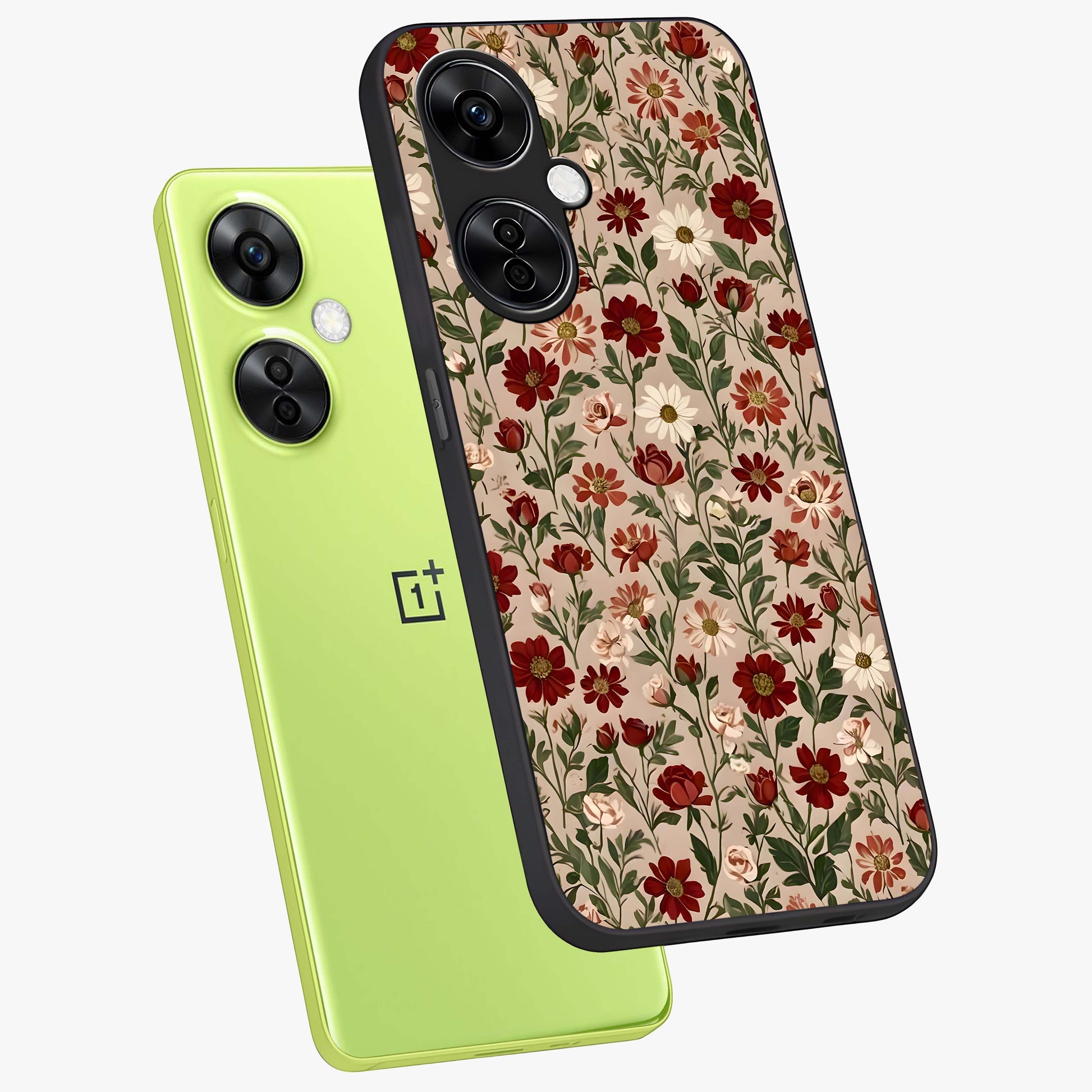 Biege Flower With Leaf Glass Case for 1+Nord CE 3 Lite angled mockup showcasing glossy finish and minimal botanical design