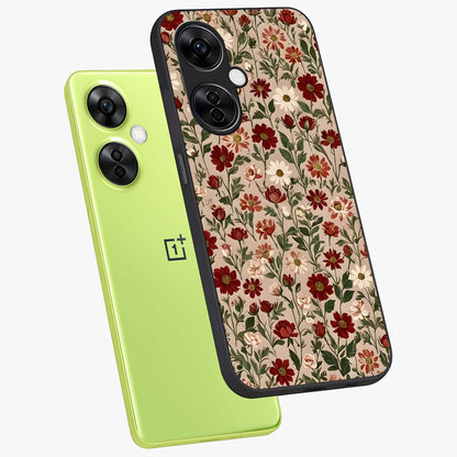 Biege Flower With Leaf Glass Case for 1+Nord CE 3 Lite angled mockup showcasing glossy finish and minimal botanical design