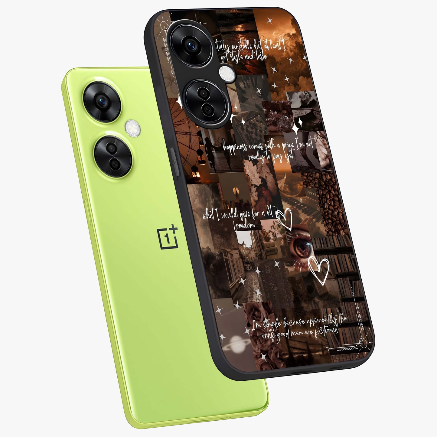 Bittersweet Aesthetic Chaos Glass Case for 1+Nord CE 3 Lite angled mockup showcasing glossy finish and artistic chaotic design