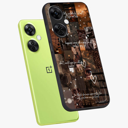 Bittersweet Aesthetic Chaos Glass Case for 1+Nord CE 3 Lite angled mockup showcasing glossy finish and artistic chaotic design