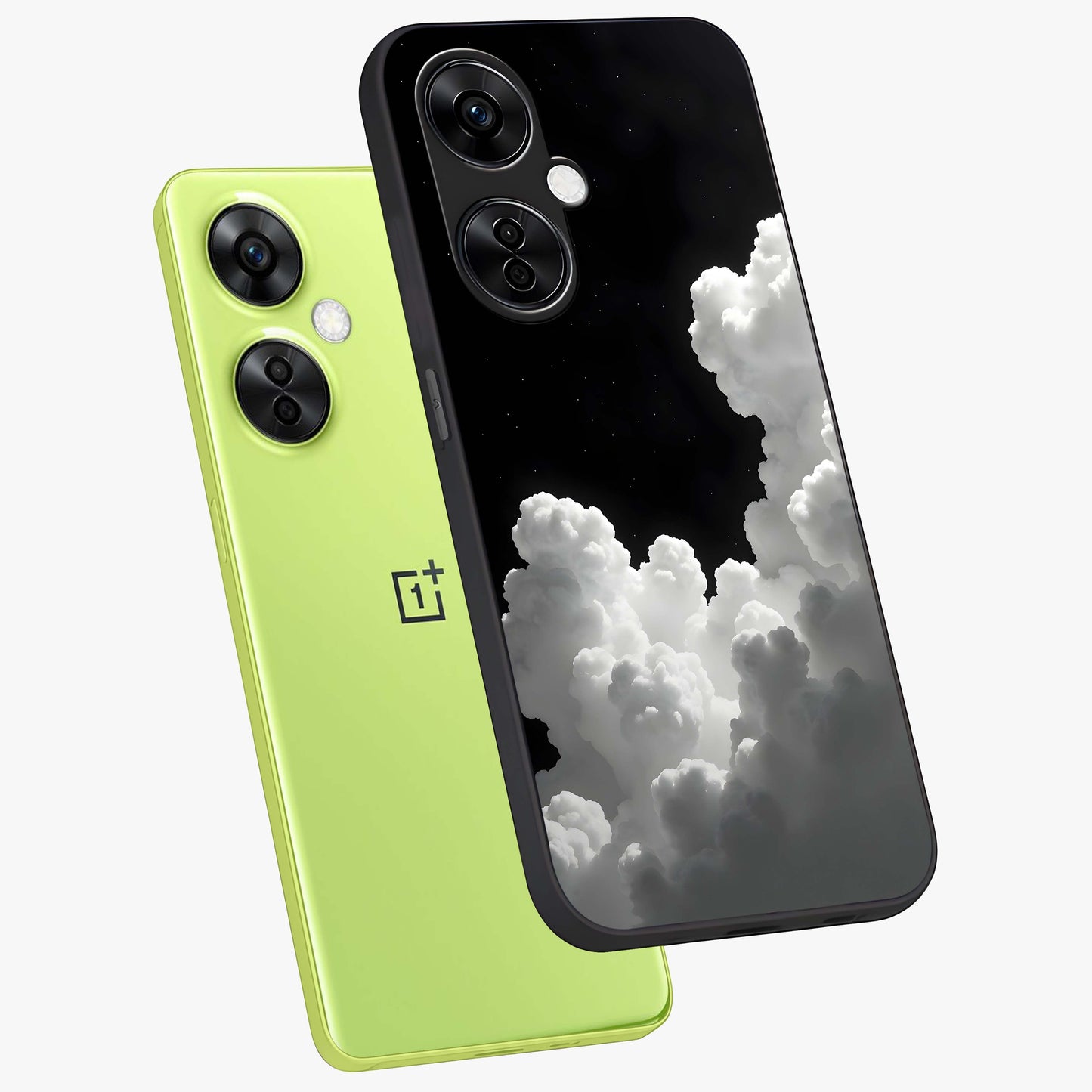 Black Background With White Cloud Glass Case for 1+Nord CE 3 Lite angled mockup showcasing glossy finish and high contrast design