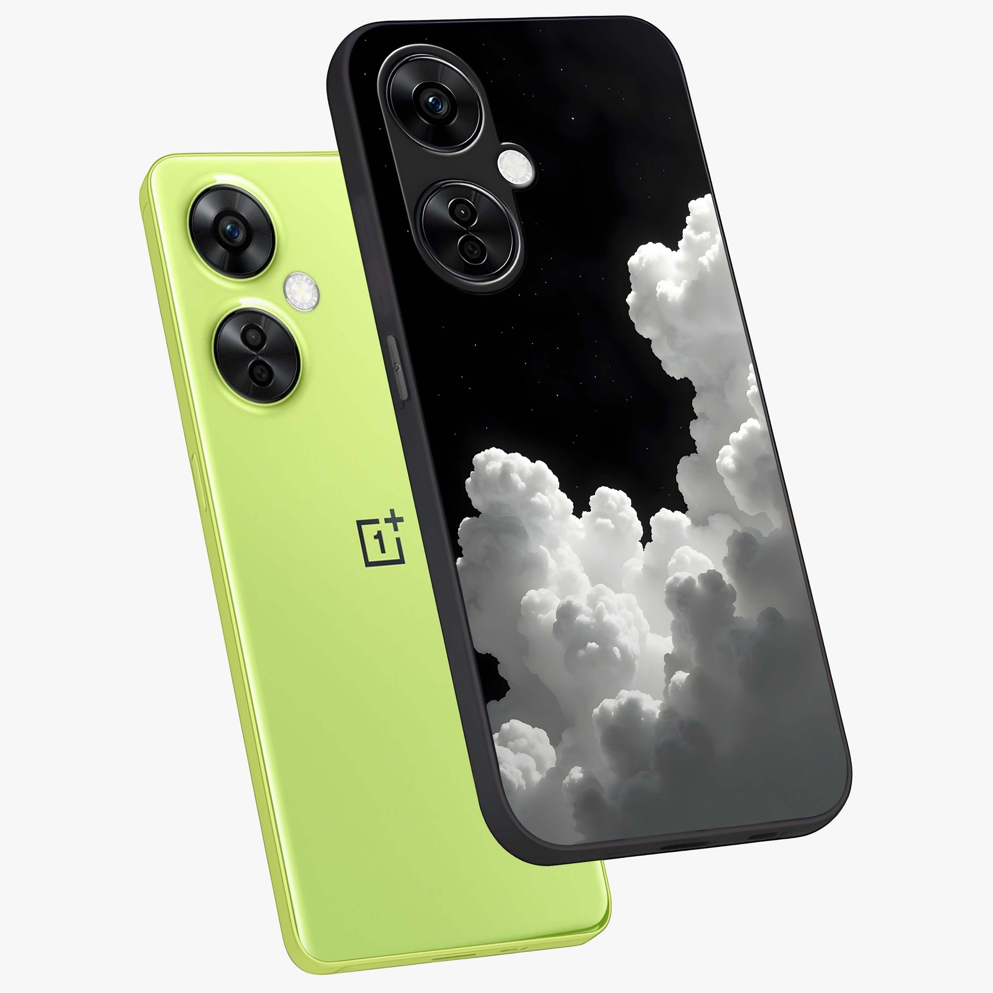 Black Background With White Cloud Glass Case for 1+Nord CE 3 Lite angled mockup showcasing glossy finish and high contrast design