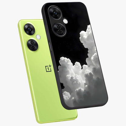 Black Background With White Cloud Glass Case for 1+Nord CE 3 Lite angled mockup showcasing glossy finish and high contrast design