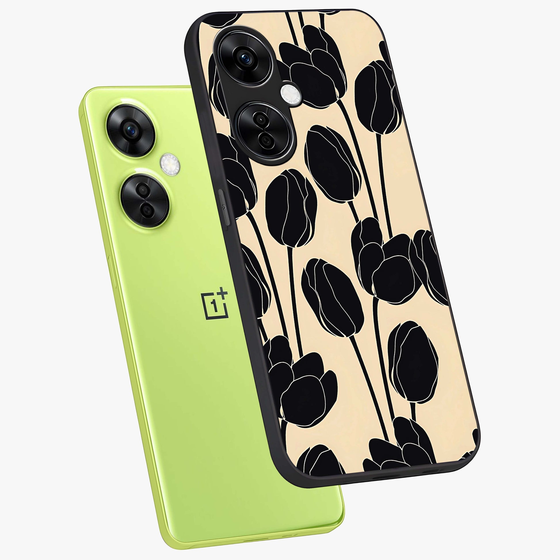 Black Designer Tulip Glass Case for 1+Nord CE 3 Lite angled mockup showcasing glossy finish and premium floral detailing