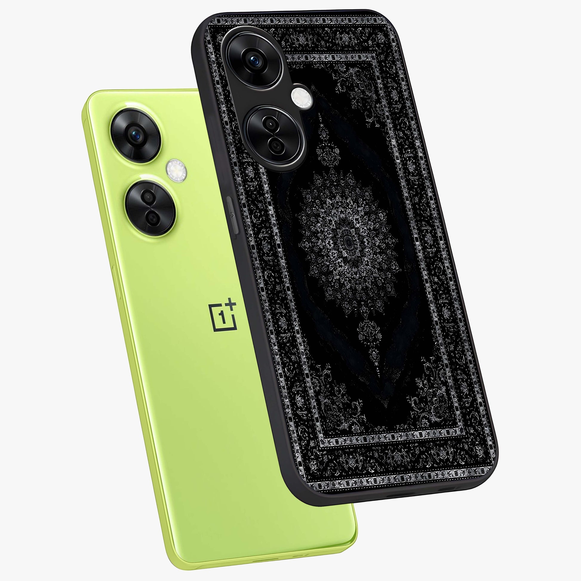 Black Persian Carpet Glass Case for 1+Nord CE 3 Lite angled mockup showcasing glossy finish and detailed ornamental design